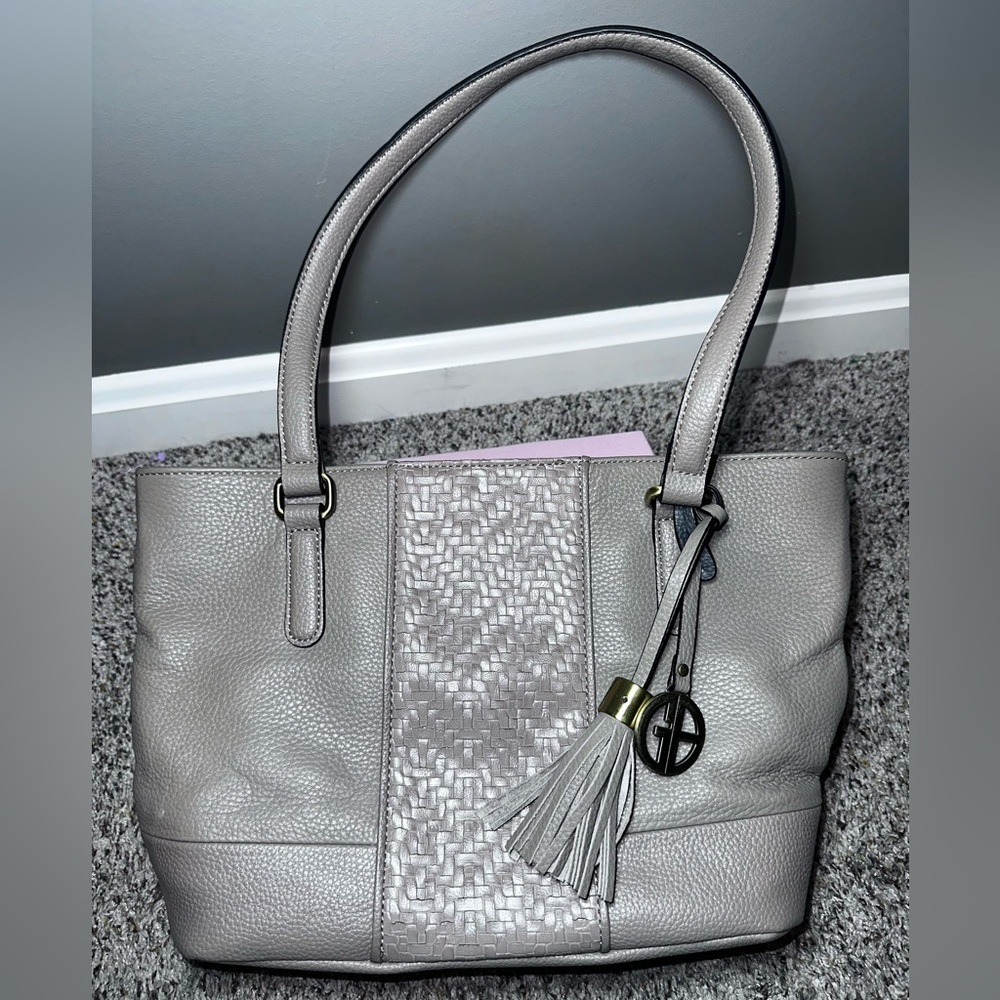 Giani Bernini Taupe Pebbled Leather Tote Bag with Tassel & Woven Accent - Picture 4 of 13